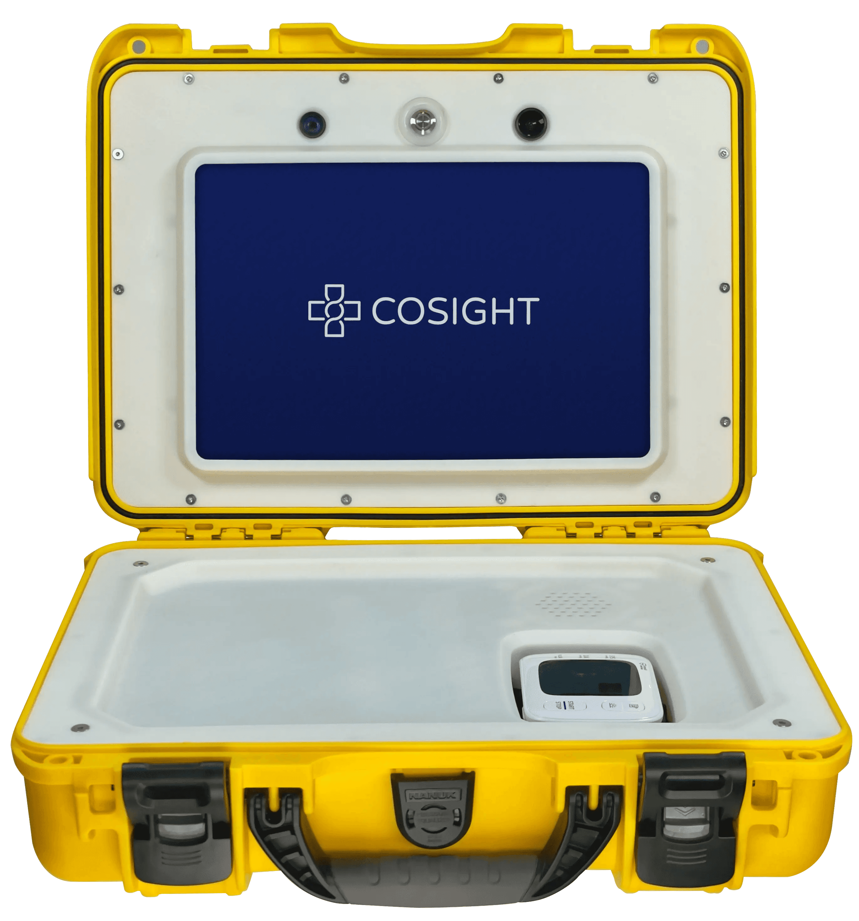 Cosight device, open, with a blood pressure monitor stored in the case