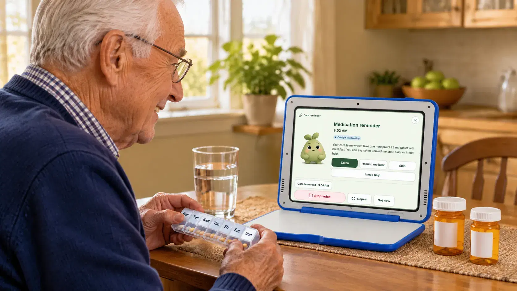 An older man at home with his pill organizer while Cosight shows his morning medication reminder